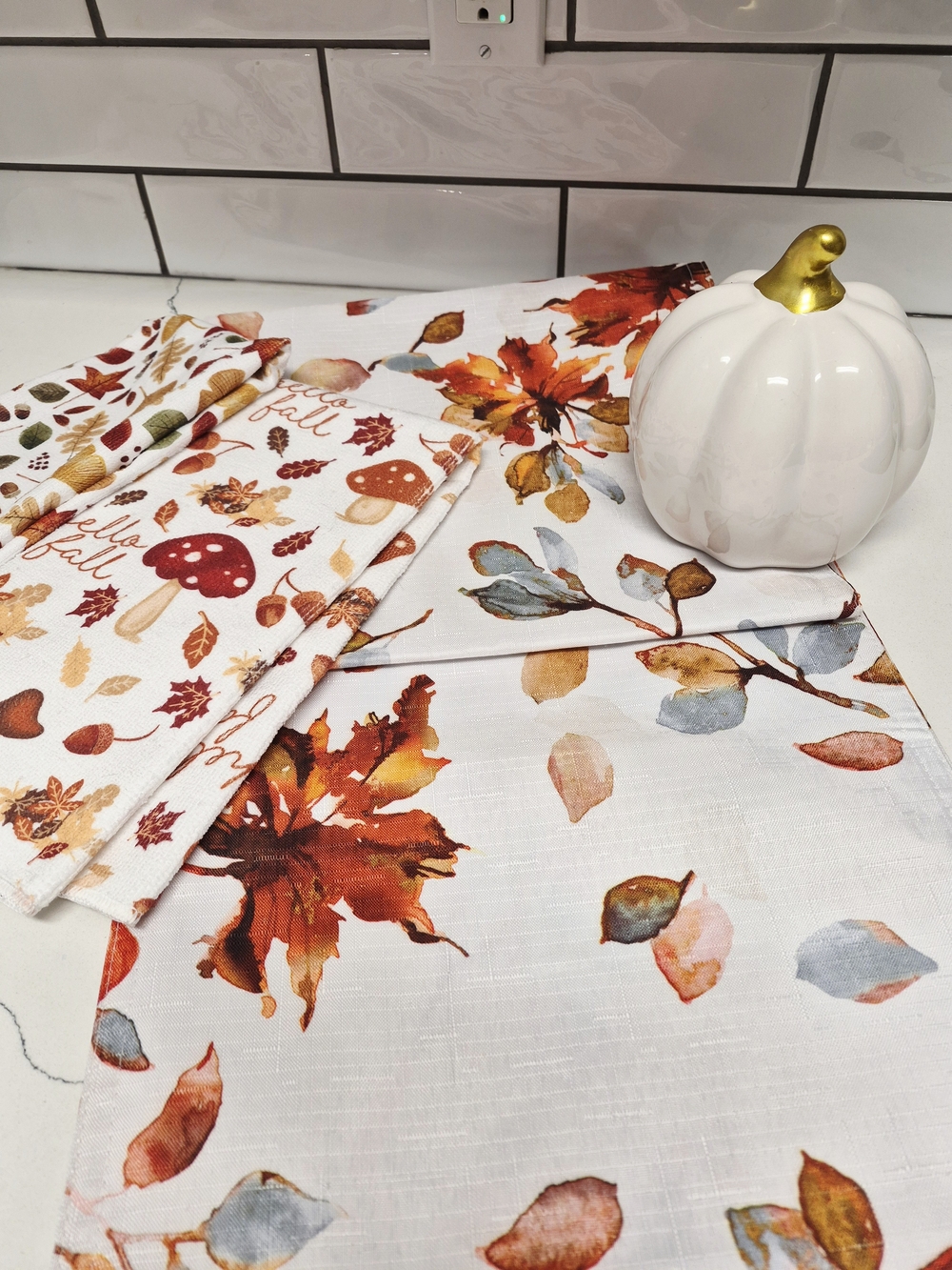Autumn Leaves Printed Kitchen Tea Towels and Table Runner  White & Orange